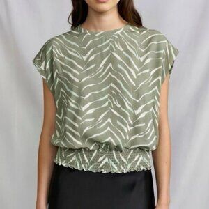 Apt. 9 Top Blouse Womens S Green Animal Print Career Smocked Hem Dolman Office